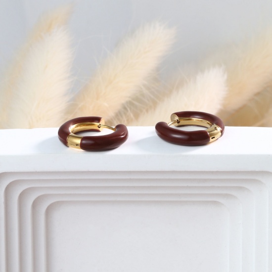 Imagen de 1 Par Respetuoso del Medio Ambiente Elegante Exquisito Oro Real Chapado Rojo Púrpura 304 Acero Inoxidable Pendientes de Aro Para Mujeres Regalo 20mm Dia.