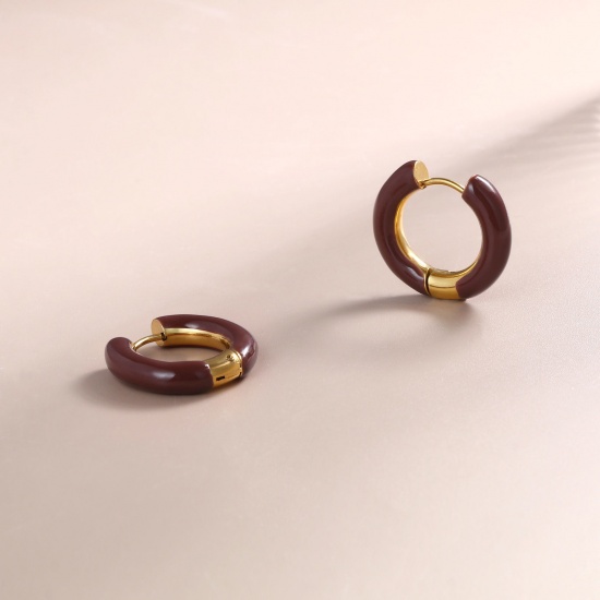 Imagen de 1 Par Respetuoso del Medio Ambiente Elegante Exquisito Oro Real Chapado Rojo Púrpura 304 Acero Inoxidable Pendientes de Aro Para Mujeres Regalo 20mm Dia.