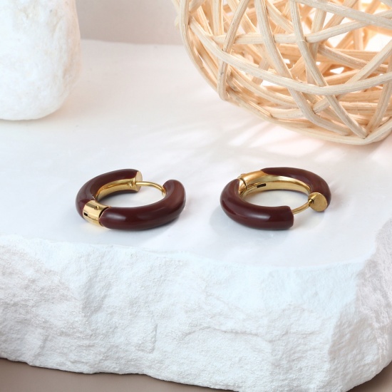 Imagen de 1 Par Respetuoso del Medio Ambiente Elegante Exquisito Oro Real Chapado Rojo Púrpura 304 Acero Inoxidable Pendientes de Aro Para Mujeres Regalo 20mm Dia.