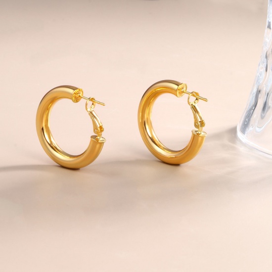 Immagine di 1 Paio Ecologico Elegante Squisito 18K Vero Oro Placcato Ottone Orecchini Circolari Per Donne Regalo 3cm Dia.