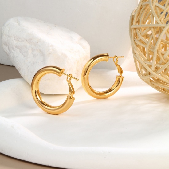 Immagine di 1 Paio Ecologico Elegante Squisito 18K Vero Oro Placcato Ottone Orecchini Circolari Per Donne Regalo 3cm Dia.