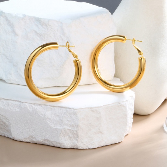 Immagine di 1 Paio Ecologico Elegante Squisito 18K Vero Oro Placcato Ottone Orecchini Circolari Per Donne Regalo 4cm Dia.