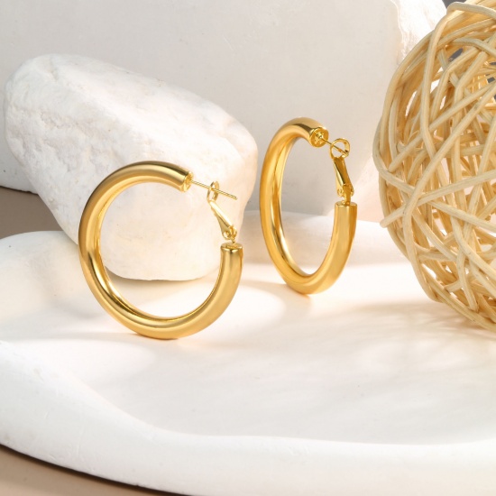 Immagine di 1 Paio Ecologico Elegante Squisito 18K Vero Oro Placcato Ottone Orecchini Circolari Per Donne Regalo 4cm Dia.