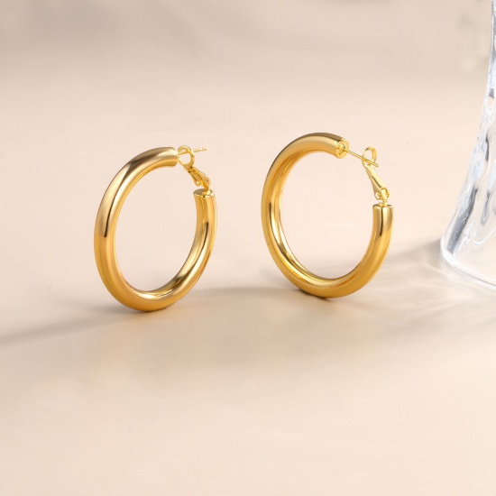 Immagine di 1 Paio Ecologico Elegante Squisito 18K Vero Oro Placcato Ottone Orecchini Circolari Per Donne Regalo 4cm Dia.