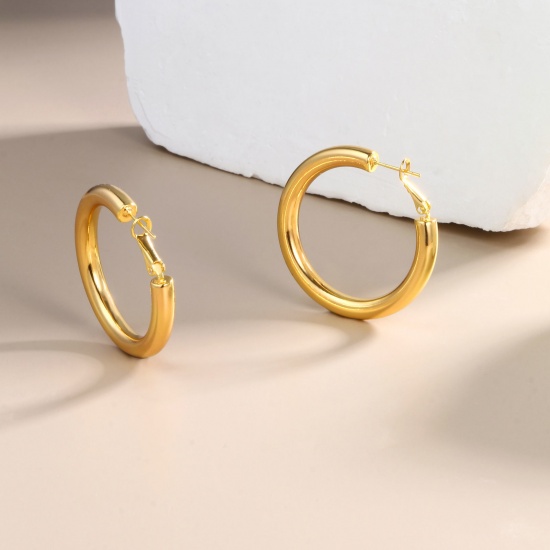 Immagine di 1 Paio Ecologico Elegante Squisito 18K Vero Oro Placcato Ottone Orecchini Circolari Per Donne Regalo 4cm Dia.