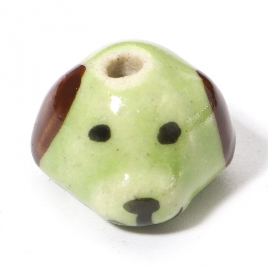 Picture of 5 PCs Ceramic Beads For DIY Charm Jewelry Making Dog Animal Green 3D About 14mm x 14mm, Hole: Approx 1.8mm