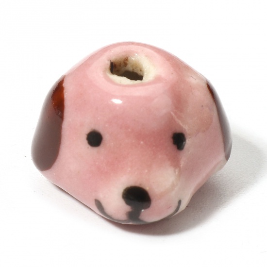 Picture of 5 PCs Ceramic Beads For DIY Charm Jewelry Making Dog Animal Pink 3D About 14mm x 14mm, Hole: Approx 1.8mm