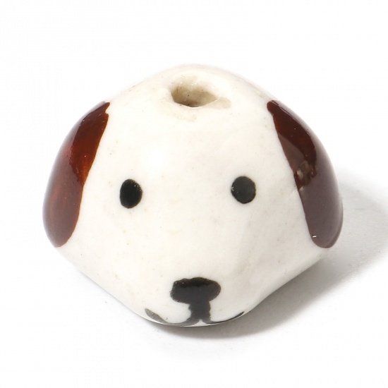 Picture of 5 PCs Ceramic Beads For DIY Charm Jewelry Making Dog Animal White 3D About 14mm x 14mm, Hole: Approx 1.8mm