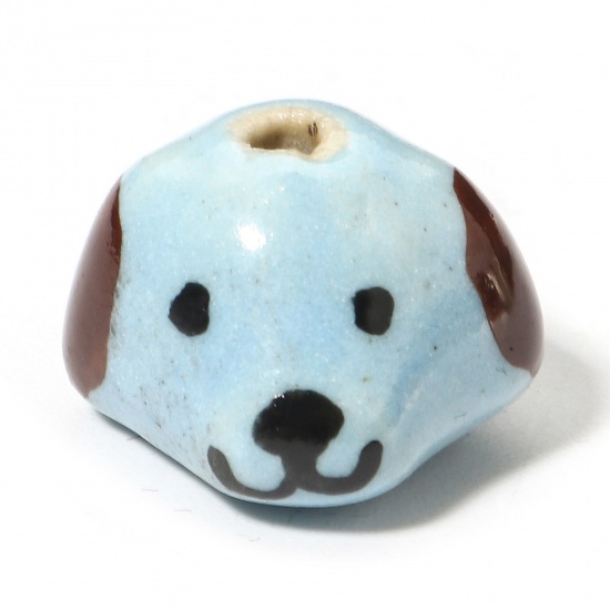 Picture of 5 PCs Ceramic Beads For DIY Charm Jewelry Making Dog Animal Blue 3D About 14mm x 14mm, Hole: Approx 1.8mm
