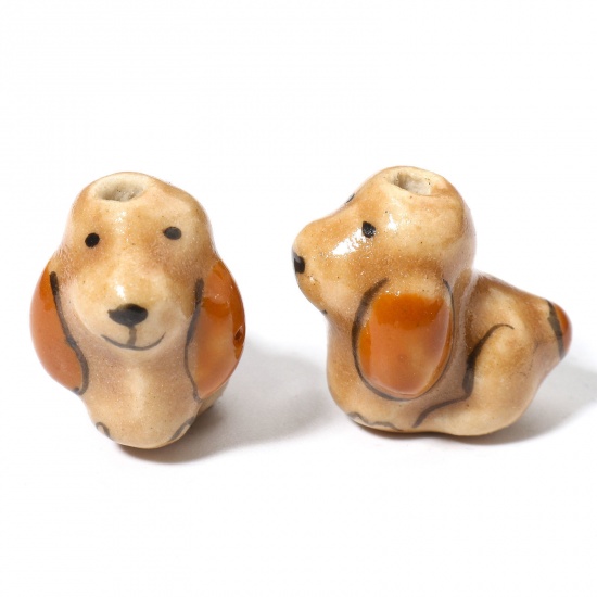 Immagine di 5 Pz Ceramica Diatanziale Perline per la Creazione di Gioielli con Ciondoli Fai-da-te Cane Marrone Circa 3D Circa 18mm x 12mm, Foro: Circa 1.8mm