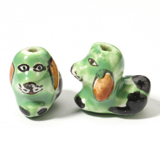 Immagine di 5 Pz Ceramica Diatanziale Perline per la Creazione di Gioielli con Ciondoli Fai-da-te Cane Verde Circa 3D Circa 18mm x 12mm, Foro: Circa 1.8mm