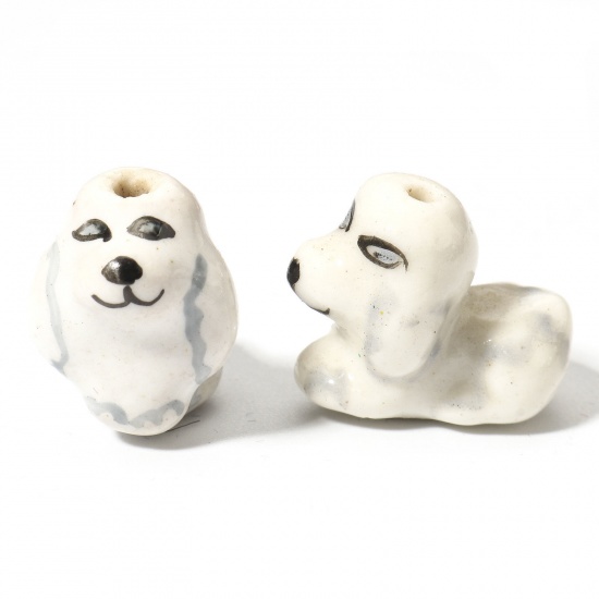 Immagine di 5 Pz Ceramica Diatanziale Perline per la Creazione di Gioielli con Ciondoli Fai-da-te Cane Bianco Circa 3D Circa 18mm x 12mm, Foro: Circa 1.8mm