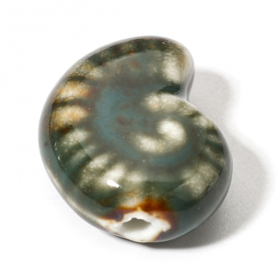 Bild von 10 Stück Keramik Ozean Schmuck Perlen für die Herstellung von DIY-Charme-Schmuck Strandschnecke Dunkelgrün 3D ca. 21mm x 17mm, Loch:ca. 2mm
