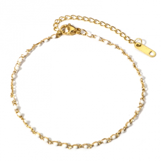 Picture of 1 Piece Vacuum Plating 304 Stainless Steel Enamel Rolo Chain Bracelets Gold Plated White With Lobster Claw Clasp And Extender Chain 18.5cm(7 2/8") long