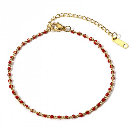 Picture of 1 Piece Vacuum Plating 304 Stainless Steel Enamel Rolo Chain Bracelets Gold Plated Red With Lobster Claw Clasp And Extender Chain 18.5cm(7 2/8") long
