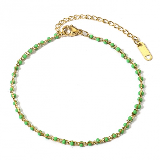 Picture of 1 Piece Vacuum Plating 304 Stainless Steel Enamel Rolo Chain Bracelets Gold Plated Green With Lobster Claw Clasp And Extender Chain 18.5cm(7 2/8") long
