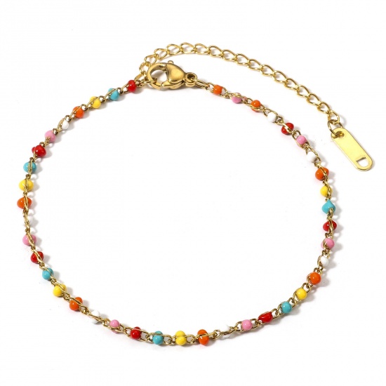 Picture of 1 Piece Vacuum Plating 304 Stainless Steel Enamel Rolo Chain Bracelets Gold Plated Multicolor With Lobster Claw Clasp And Extender Chain 18.5cm(7 2/8") long