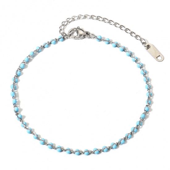 Picture of 1 Piece Vacuum Plating 304 Stainless Steel Enamel Rolo Chain Bracelets Silver Tone Blue With Lobster Claw Clasp And Extender Chain 18.5cm(7 2/8") long