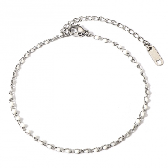 Picture of 1 Piece Vacuum Plating 304 Stainless Steel Enamel Rolo Chain Bracelets Silver Tone White With Lobster Claw Clasp And Extender Chain 18.5cm(7 2/8") long