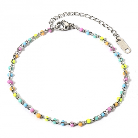 Picture of 1 Piece Vacuum Plating 304 Stainless Steel Enamel Rolo Chain Bracelets Silver Tone Multicolor With Lobster Claw Clasp And Extender Chain 18.5cm(7 2/8") long