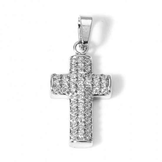 Picture of 1 Piece Eco-friendly Vacuum Plating 304 Stainless Steel Religious Charm Pendant Real Platinum Plated Cross Micro Pave Clear Cubic Zirconia 22mm x 10mm