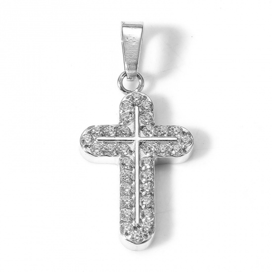 Picture of 1 Piece Eco-friendly Vacuum Plating 304 Stainless Steel Religious Charm Pendant Real Platinum Plated Cross Micro Pave Clear Cubic Zirconia 22mm x 10.5mm