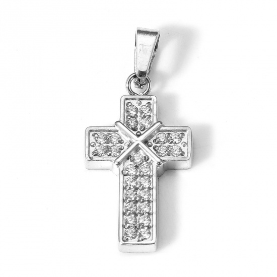 Picture of 1 Piece Eco-friendly Vacuum Plating 304 Stainless Steel Religious Charm Pendant Real Platinum Plated Cross Micro Pave Clear Cubic Zirconia 22mm x 10mm