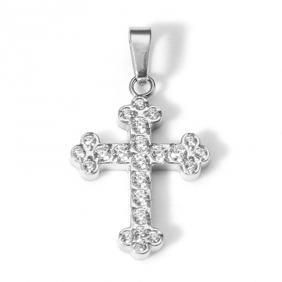 Picture of 1 Piece Eco-friendly Vacuum Plating 304 Stainless Steel Religious Charm Pendant Real Platinum Plated Cross Micro Pave Clear Cubic Zirconia 22mm x 13mm