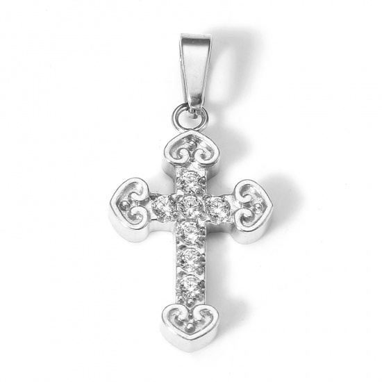 Picture of 1 Piece Eco-friendly Vacuum Plating 304 Stainless Steel Religious Charm Pendant Real Platinum Plated Cross Micro Pave Clear Cubic Zirconia 22mm x 11mm