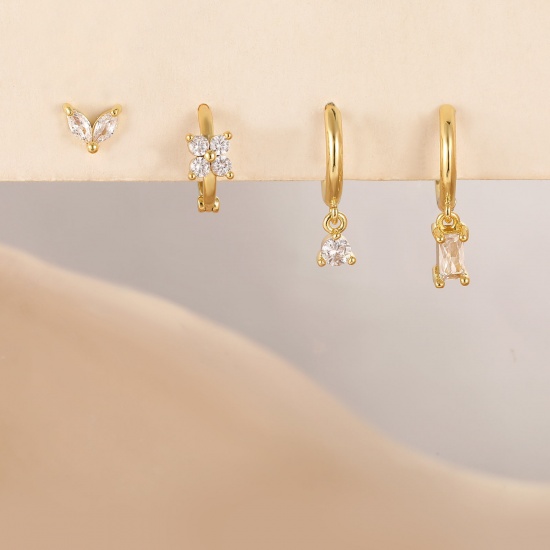 Bild von Großhandel Exquisit Stilvoll Ohrring-Set, Transparent Strassstein 18K Echtgold plattiert Messing, Frauen Umweltfreundlich Geschenk Schmuckbedarf, 11mm x 9mm, 1 Set ( 4 Stk./Set)