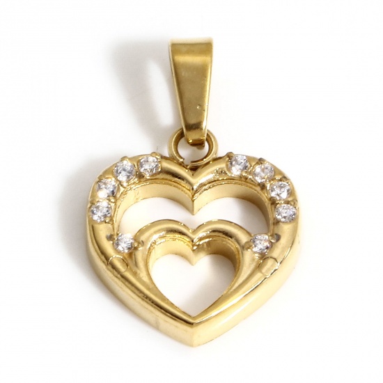 Picture of 1 Piece Eco-friendly Vacuum Plating 304 Stainless Steel Valentine's Day Charm Pendant 18K Real Gold Plated Heart Micro Pave Clear Cubic Zirconia 16mm x 10.5mm