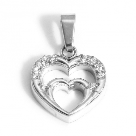 Picture of 1 Piece Eco-friendly Vacuum Plating 304 Stainless Steel Valentine's Day Charm Pendant Real Platinum Plated Heart Micro Pave Clear Cubic Zirconia 16mm x 10.5mm