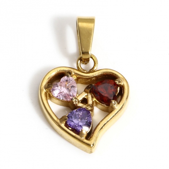 Picture of 1 Piece Eco-friendly Vacuum Plating 304 Stainless Steel Valentine's Day Charm Pendant 18K Real Gold Plated Heart Micro Pave Clear Cubic Zirconia 16.5mm x 10.5mm