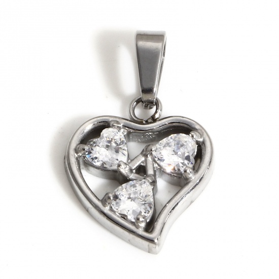 Picture of 1 Piece Eco-friendly Vacuum Plating 304 Stainless Steel Valentine's Day Charm Pendant Real Platinum Plated Heart Micro Pave Clear Cubic Zirconia 16.5mm x 10.5mm
