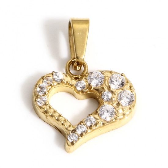 Picture of 1 Piece Eco-friendly Vacuum Plating 304 Stainless Steel Valentine's Day Charm Pendant 18K Real Gold Plated Heart Micro Pave Clear Cubic Zirconia 15mm x 11mm