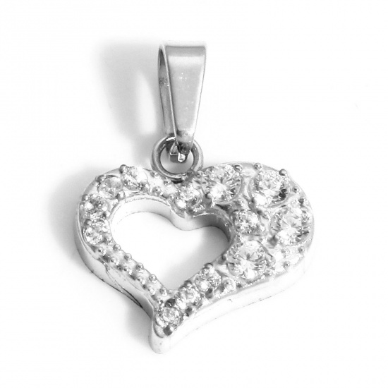 Picture of 1 Piece Eco-friendly Vacuum Plating 304 Stainless Steel Valentine's Day Charm Pendant Real Platinum Plated Heart Micro Pave Clear Cubic Zirconia 15mm x 11mm