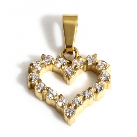 Picture of 1 Piece Eco-friendly Vacuum Plating 304 Stainless Steel Valentine's Day Charm Pendant 18K Real Gold Plated Heart Micro Pave Clear Cubic Zirconia 16mm x 11mm