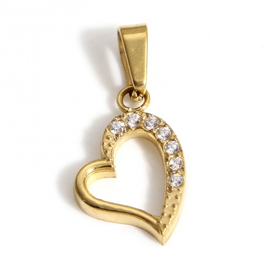Picture of 1 Piece Eco-friendly Vacuum Plating 304 Stainless Steel Valentine's Day Charm Pendant 18K Real Gold Plated Heart Micro Pave Clear Cubic Zirconia 17mm x 8mm