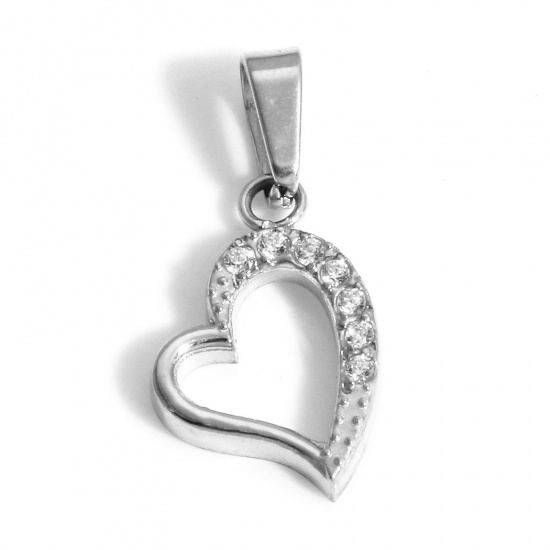 Picture of 1 Piece Eco-friendly Vacuum Plating 304 Stainless Steel Valentine's Day Charm Pendant Real Platinum Plated Heart Micro Pave Clear Cubic Zirconia 17mm x 8mm