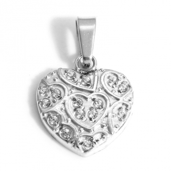 Picture of 1 Piece Eco-friendly Vacuum Plating 304 Stainless Steel Valentine's Day Charm Pendant Real Platinum Plated Heart Micro Pave Clear Cubic Zirconia 16mm x 10.5mm