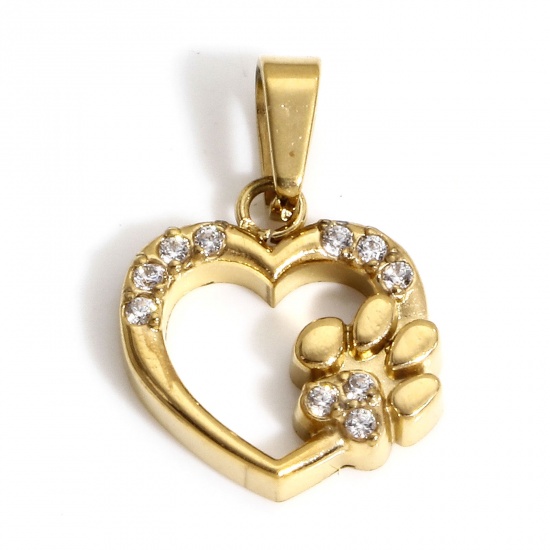 Picture of 1 Piece Eco-friendly Vacuum Plating 304 Stainless Steel Valentine's Day Charm Pendant 18K Real Gold Plated Heart Micro Pave Clear Cubic Zirconia 16mm x 11mm