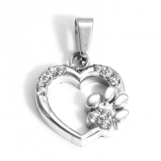 Picture of 1 Piece Eco-friendly Vacuum Plating 304 Stainless Steel Valentine's Day Charm Pendant Real Platinum Plated Heart Micro Pave Clear Cubic Zirconia 16mm x 11mm