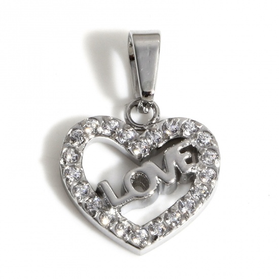 Picture of 1 Piece Eco-friendly Vacuum Plating 304 Stainless Steel Valentine's Day Charm Pendant Real Platinum Plated Heart Micro Pave Clear Cubic Zirconia 16mm x 11mm