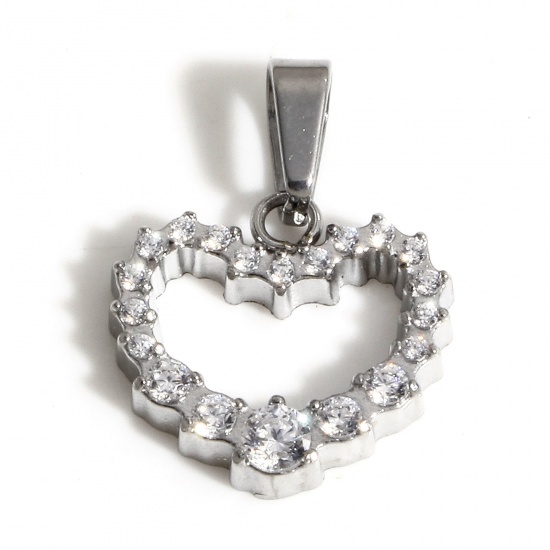 Picture of 1 Piece Eco-friendly Vacuum Plating 304 Stainless Steel Valentine's Day Charm Pendant Real Platinum Plated Heart Micro Pave Clear Cubic Zirconia 16mm x 12mm