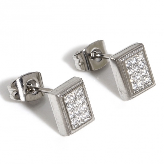 Image de 1 Paire Boucles d'Oreilles Puces en 304 Acier Inoxydable Placage Sous Vide Écologique Série Géométrie Plaqué Platine Rectangle Micro Pave Zircone Cubique Clair 8mm x 6mm , Epaisseur de Fil: 0.8mm