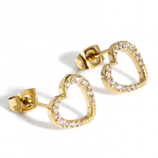 Immagine di 1 Paio Placcatura Sottovuoto Ecologica 304 Acciaio Inossidabile San Valentino Orecchini a Perno 18K Oro riempito Cuore Micro Spianare Trasparente Cubic Zirconiae 11mm x 10mm, Posta / Filo Dimensione: 0.8mm