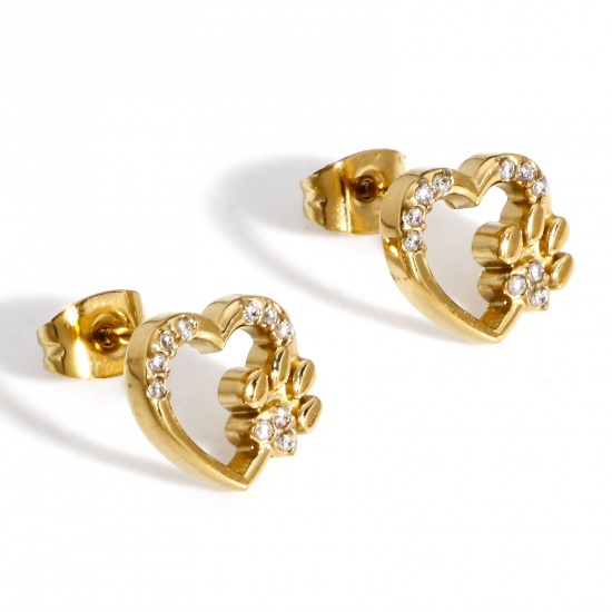 Immagine di 1 Paio Placcatura Sottovuoto Ecologica 304 Acciaio Inossidabile San Valentino Orecchini a Perno 18K Oro riempito Cuore Micro Spianare Trasparente Cubic Zirconiae 11mm x 10mm, Posta / Filo Dimensione: 0.8mm