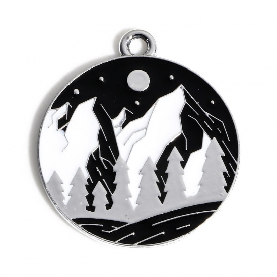 Picture of 10 PCs Zinc Based Alloy Travel Charms Silver Tone Black & White Round Mountain Enamel 26mm x 23mm