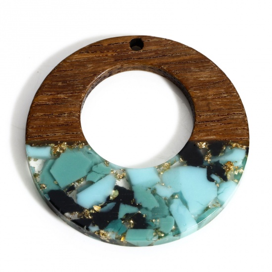 2 個 木目調樹脂 ペンダント 青 + 緑 環状 砂利チップ 3.8cm の画像