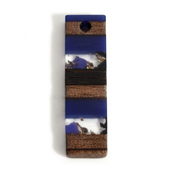 Image de 2 Pcs Breloques Résine à Effet de Bois Bleu Foncé Rectangle Rayées à Strass Graviers 29.5mm x 8mm